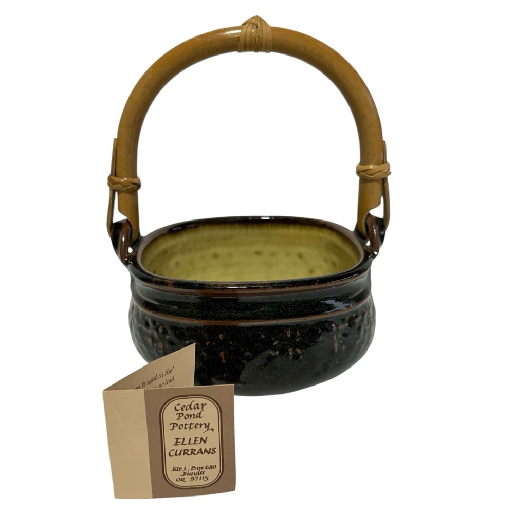Vintage Ellen Currans Cedar Pond Pottery Handle Basket Black/Brown Artist Stamp
